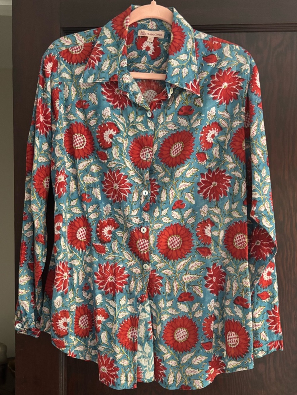 Beautiful cotton Floral Button-Up Shirt - Red Floral on Teal